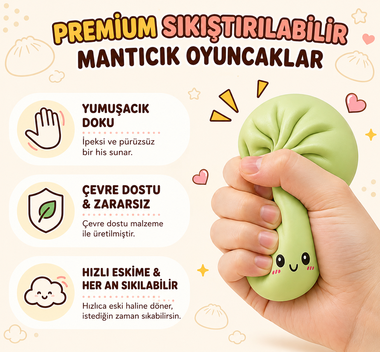 CutiBao™ Puffy Bao Squishy Stres Oyuncağı – Yumuşacık ve Eğlenceli